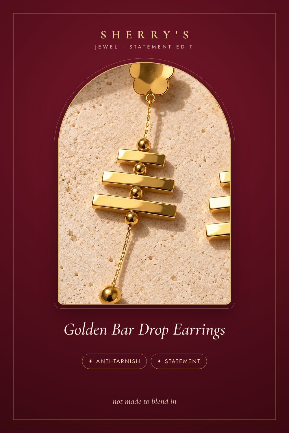 Golden Bar Drop Earrings anti-tarnish statement earrings by Sherry's Jewel
