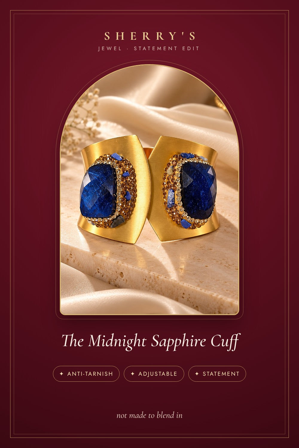 The Midnight Sapphire Cuff anti-tarnish adjustable statement piece by Sherry's Jewel