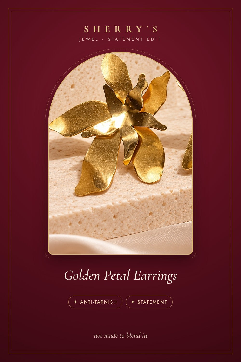 Golden Petal Statement Earrings anti-tarnish statement earrings by Sherry's Jewel