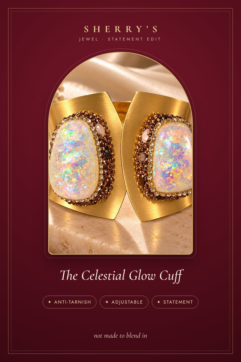 The Celestial Glow Cuff anti-tarnish adjustable statement piece by Sherry's Jewel