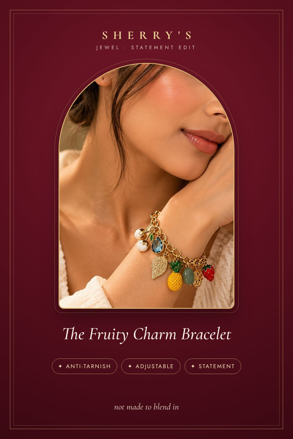 The Fruity Charm Bracelet anti-tarnish adjustable statement piece by Sherry's Jewel