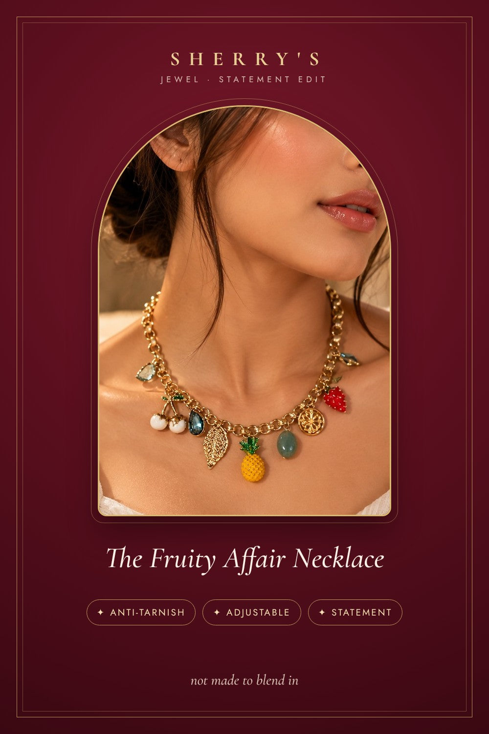 The Fruity Affair Charm Necklace anti-tarnish adjustable statement piece by Sherry's Jewel
