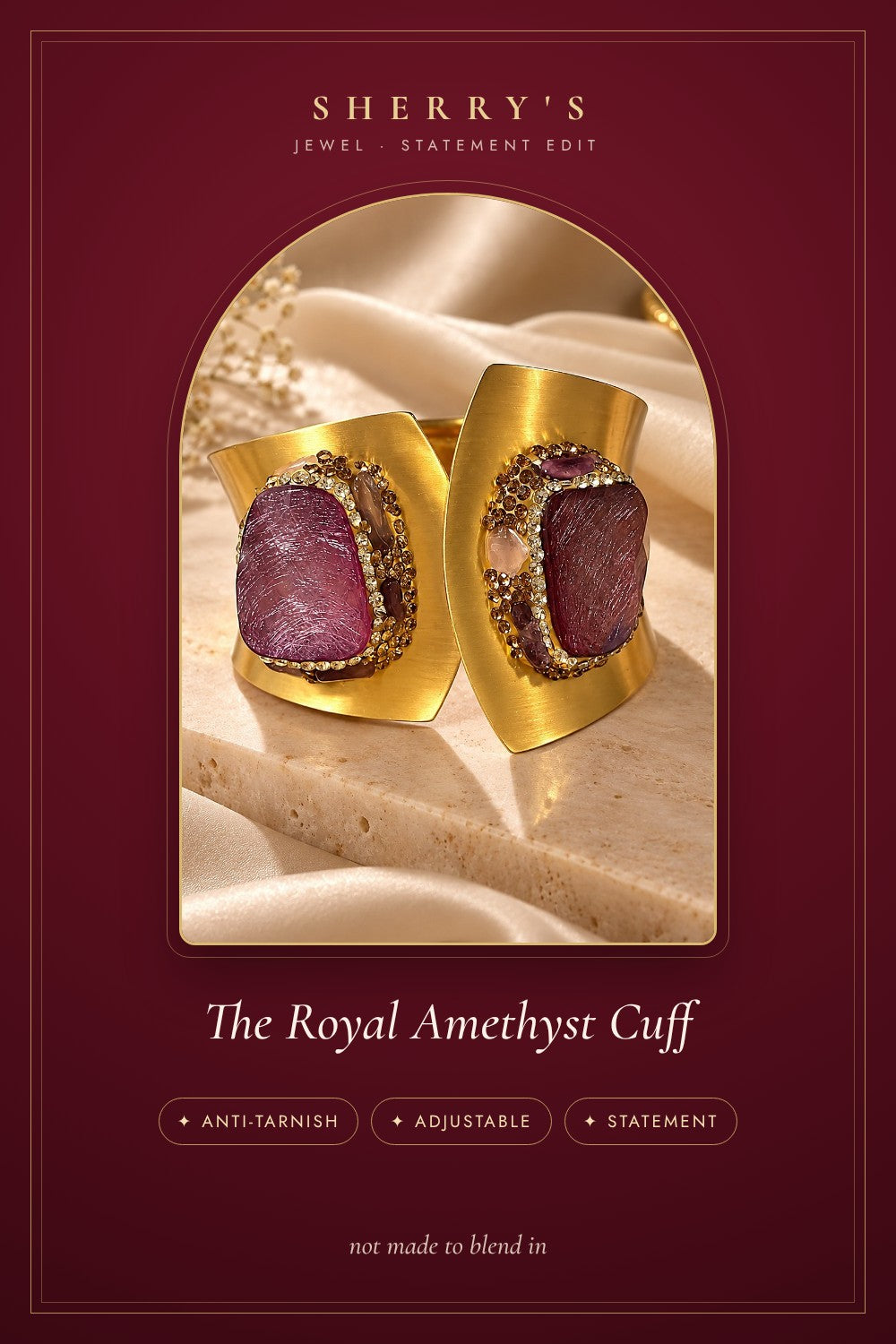 The Royal Amethyst Cuff anti-tarnish adjustable statement piece by Sherry's Jewel
