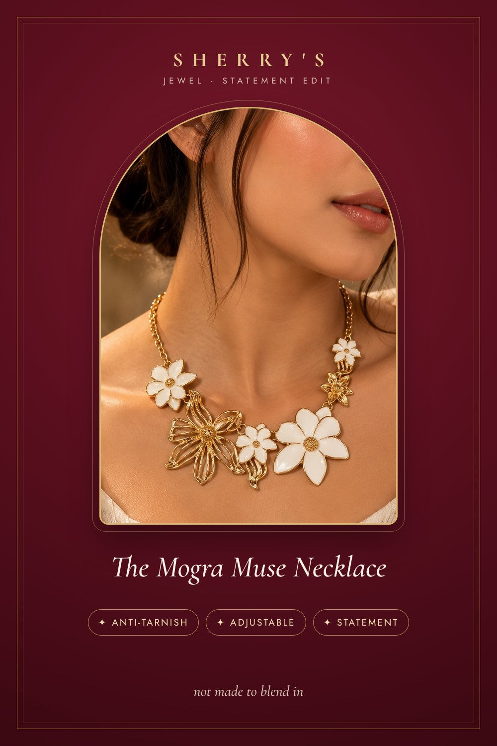 The Mogra Muse Statement Necklace anti-tarnish adjustable statement piece by Sherry's Jewel