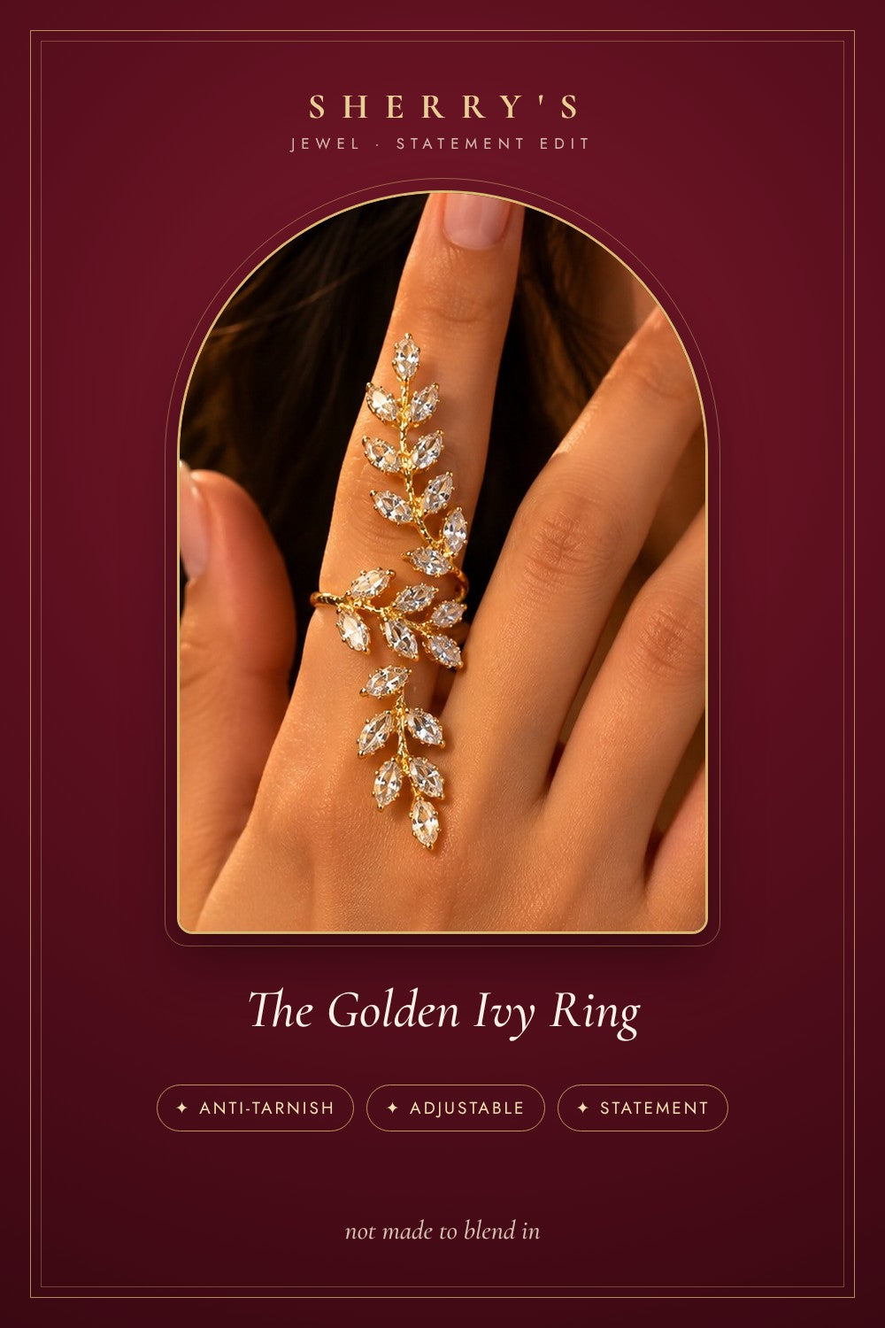 The Golden Ivy Ring anti-tarnish adjustable statement piece by Sherry's Jewel