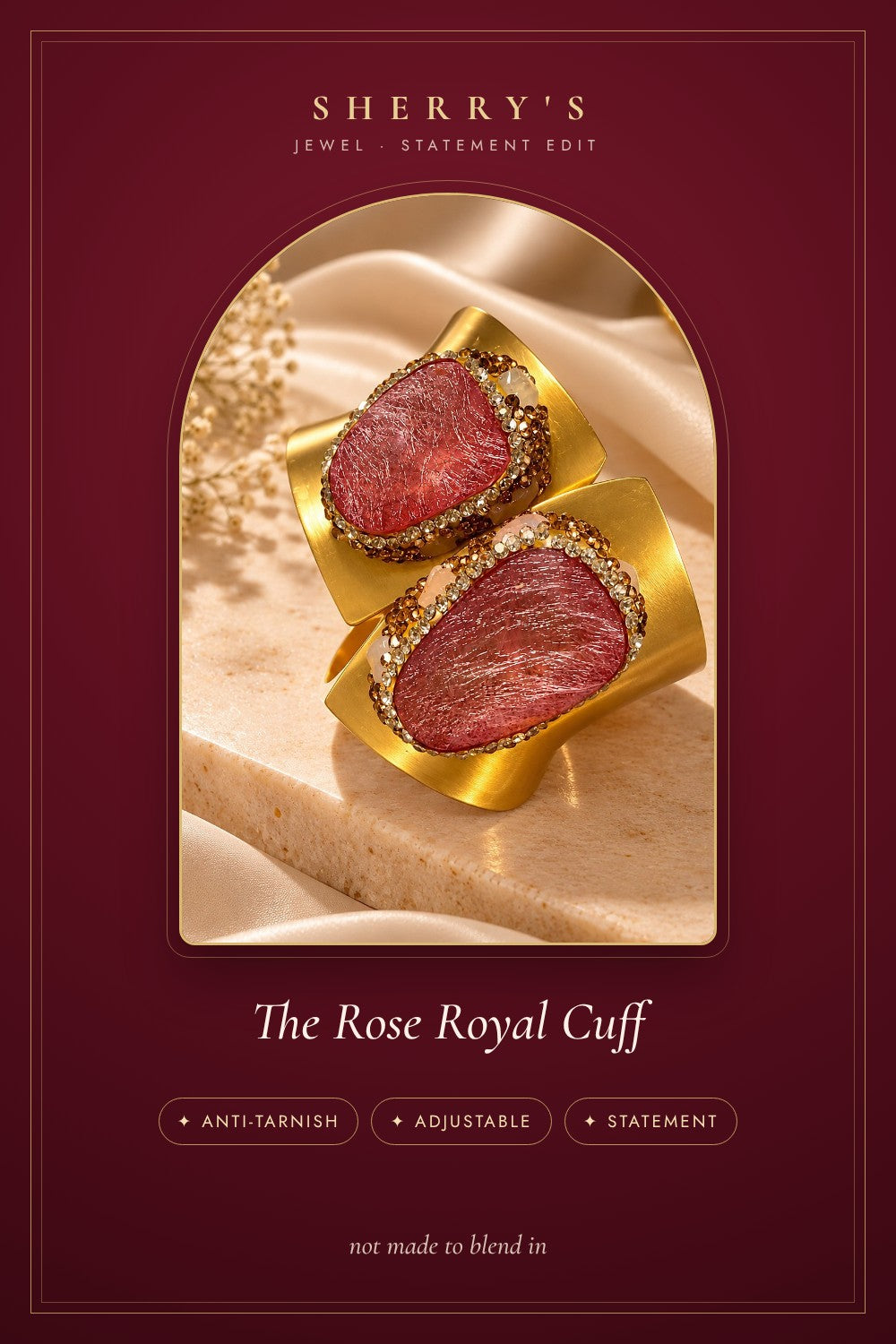 The Rose Royal Cuff anti-tarnish adjustable statement piece by Sherry's Jewel