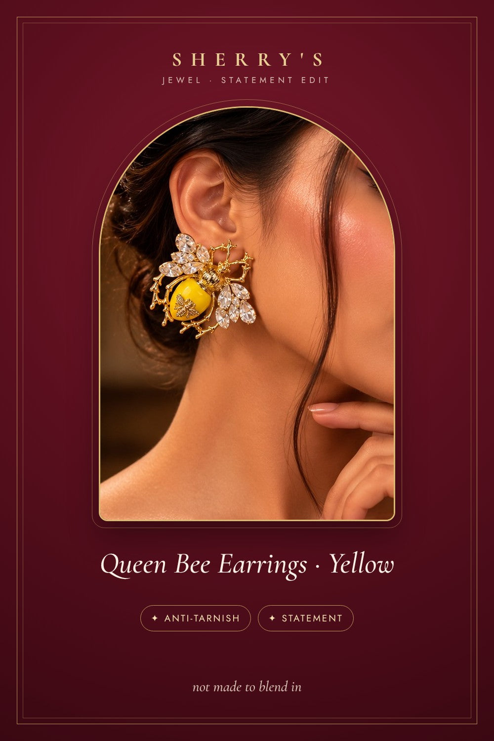 Queen Bee Earrings in yellow, anti-tarnish statement earrings by Sherry's Jewel