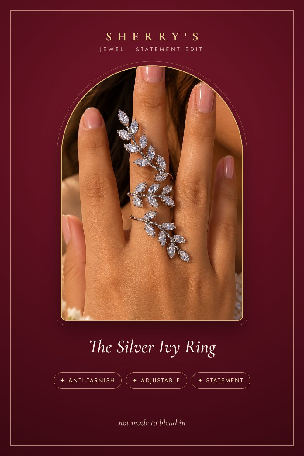 The Silver Ivy Ring anti-tarnish adjustable statement piece by Sherry's Jewel