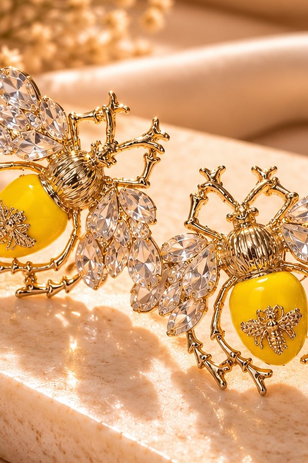 Queen Bee Earrings in yellow close-up detail by Sherry's Jewel
