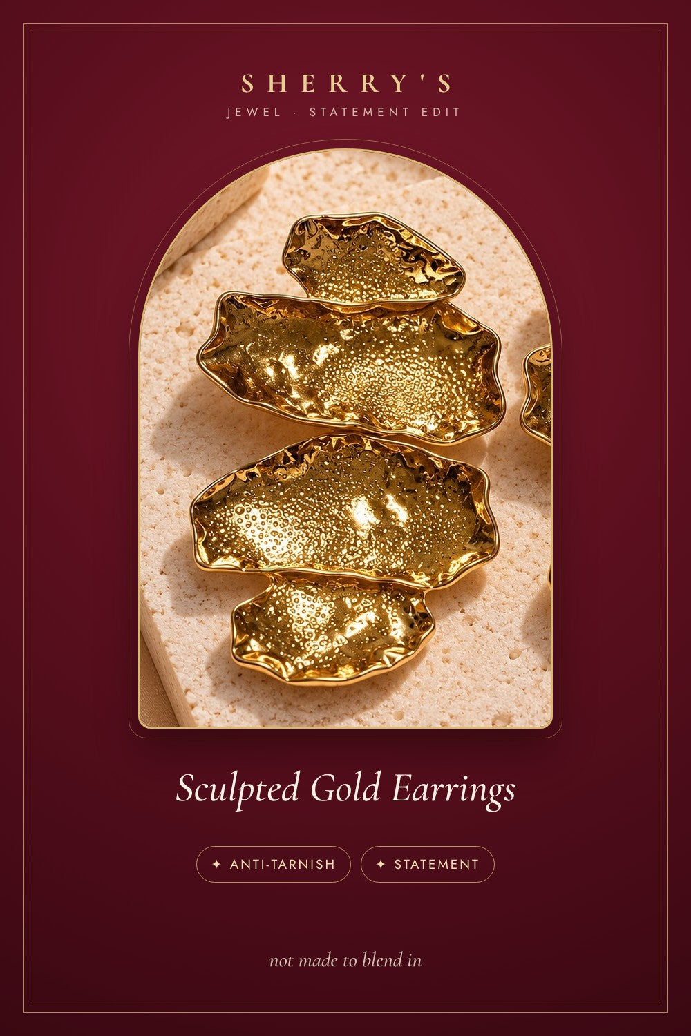 Sculpted Gold Statement Earrings anti-tarnish statement earrings by Sherry's Jewel