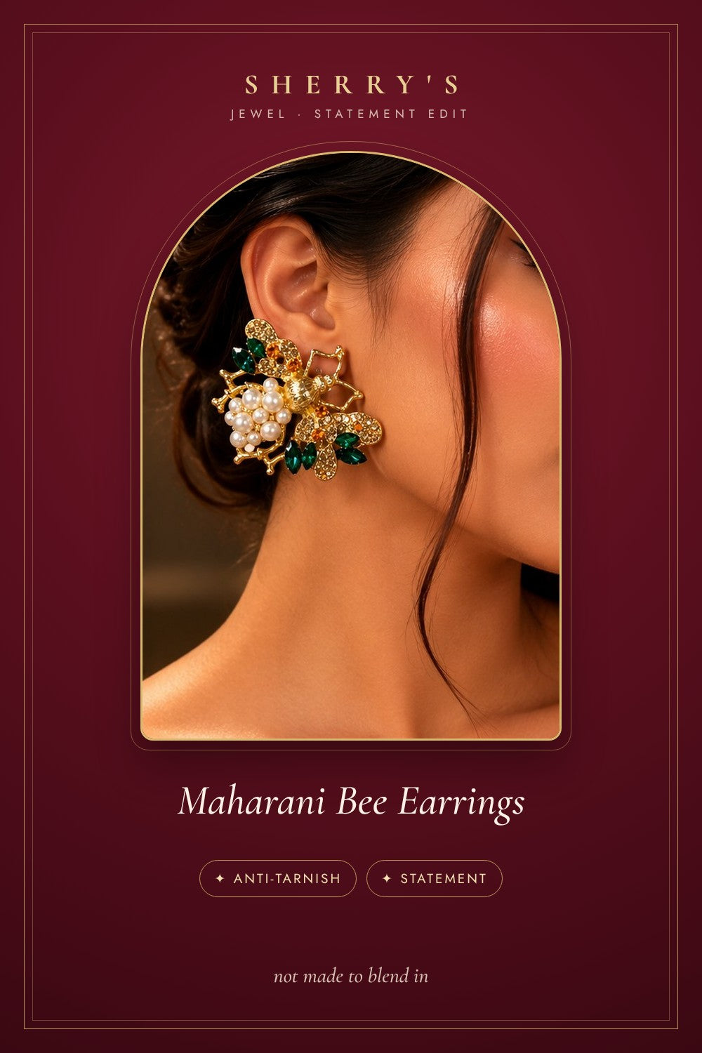 Maharani Bee Earrings, anti-tarnish statement earrings by Sherry's Jewel