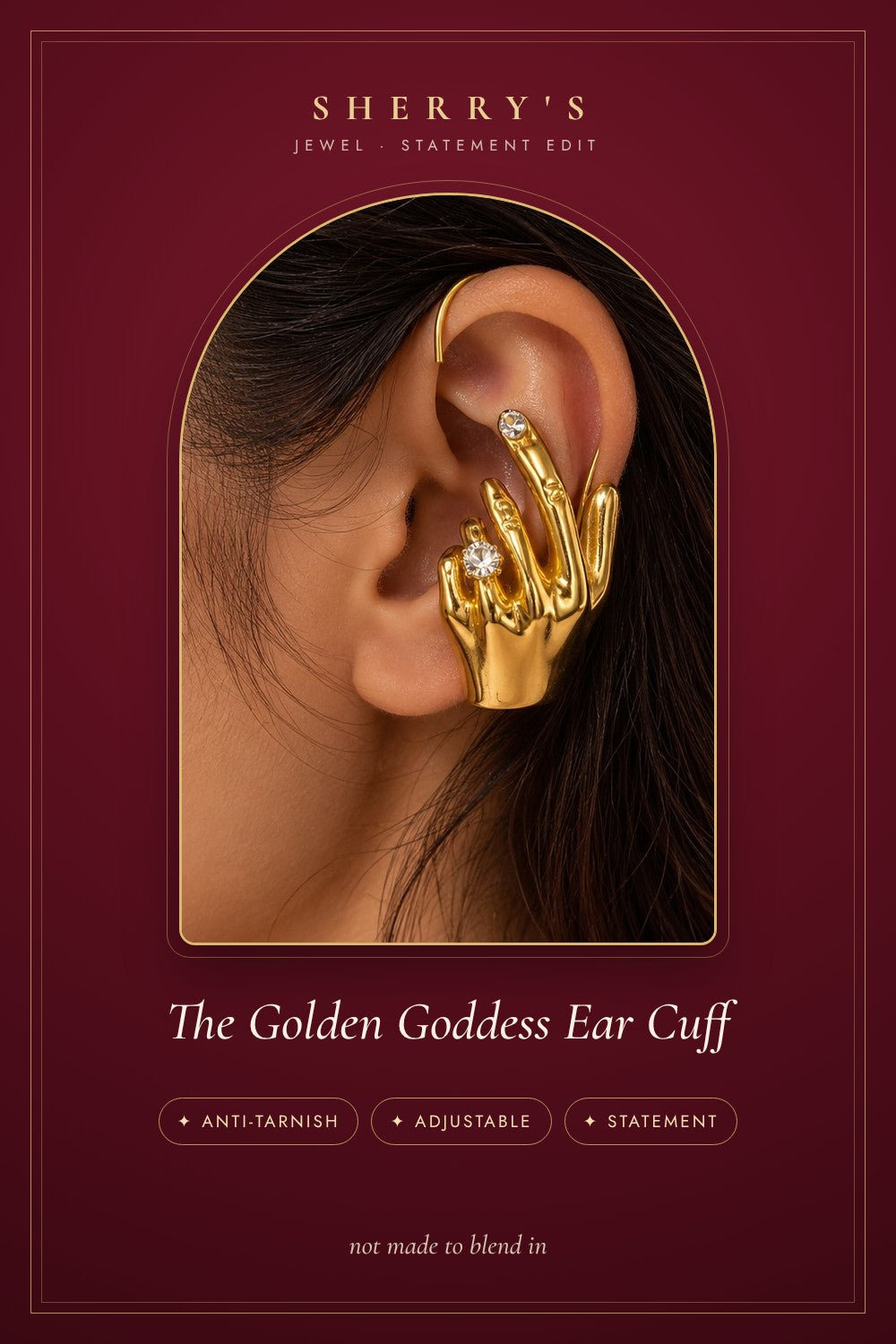 The Golden Goddess Ear Cuff anti-tarnish adjustable statement piece by Sherry's Jewel