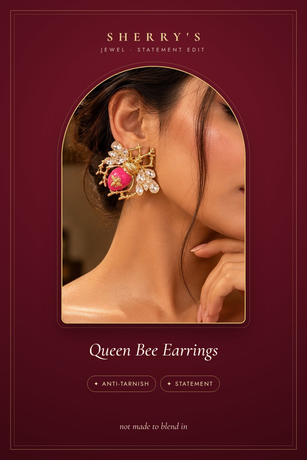 Queen Bee Earrings, anti-tarnish statement earrings by Sherry's Jewel